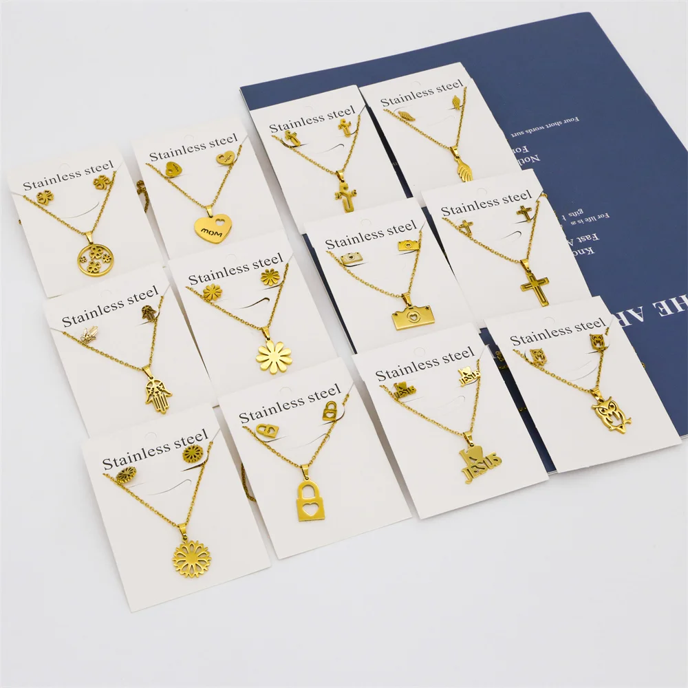 HIYEE New Cheap 18K Gold Color Waterproof Plated Stainless Steel Pendant Gift Necklace Earrings Set For Women Jewelry