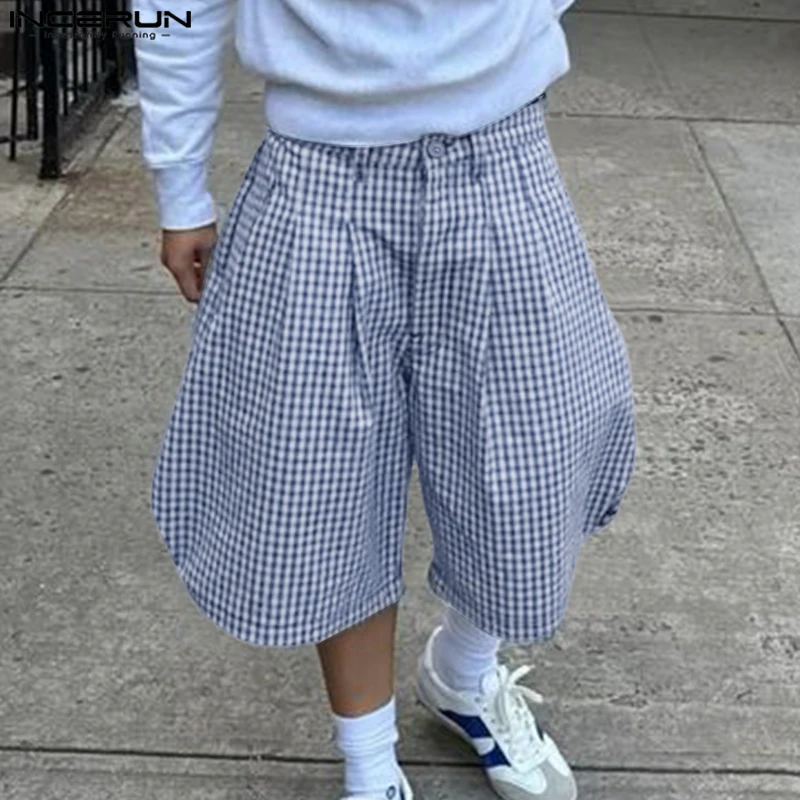 

INCERUN мужские шорты в клетку на пуговицах, джоггеры большого размера, мужские штаны для отдыха, уличная одежда, лето 2025 г., свободные модные повседневные мужские шорты