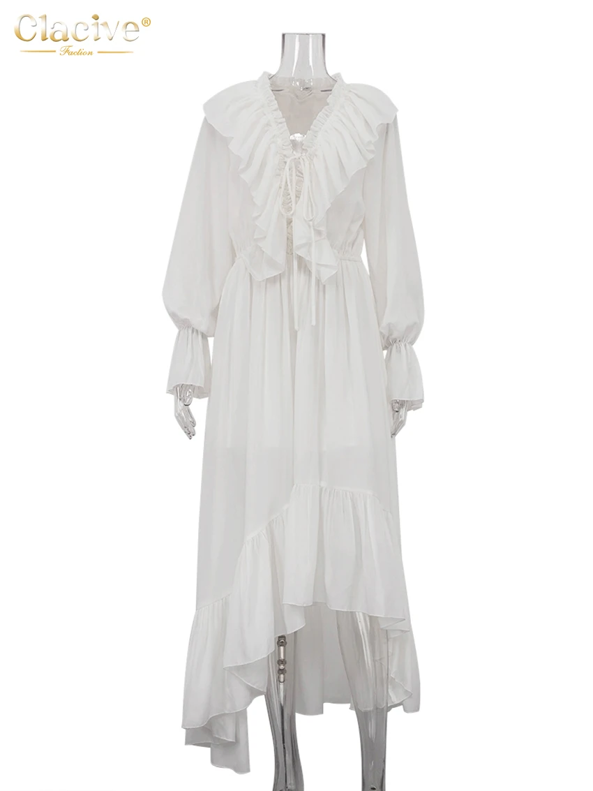Clacive Sexy Loose White Women\'s Dress 2025 Fashion V-Neck Long Sleeve Ankle Length Dresses Elegant Classic Pleated Female Dress