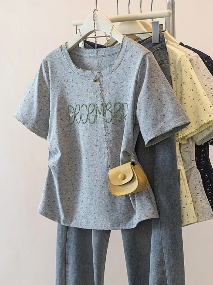 

plus Size Summer New Korean Style Fashion Youthful Floral Embroidery round Neck Short Sleeve Slimming T-Shirt Women's Top