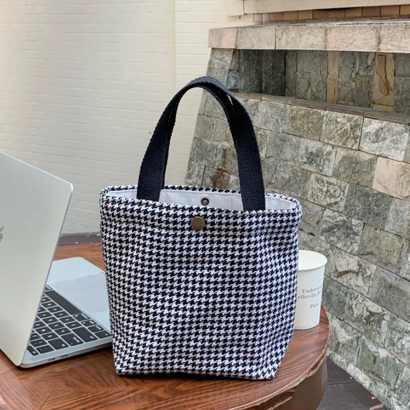 Retro Plaid Women Woolen Shoulder Bag Houndstooth Handbags Student Girl Lunch Bento Bags Hand Carrying Female Cloth Shopping Bag