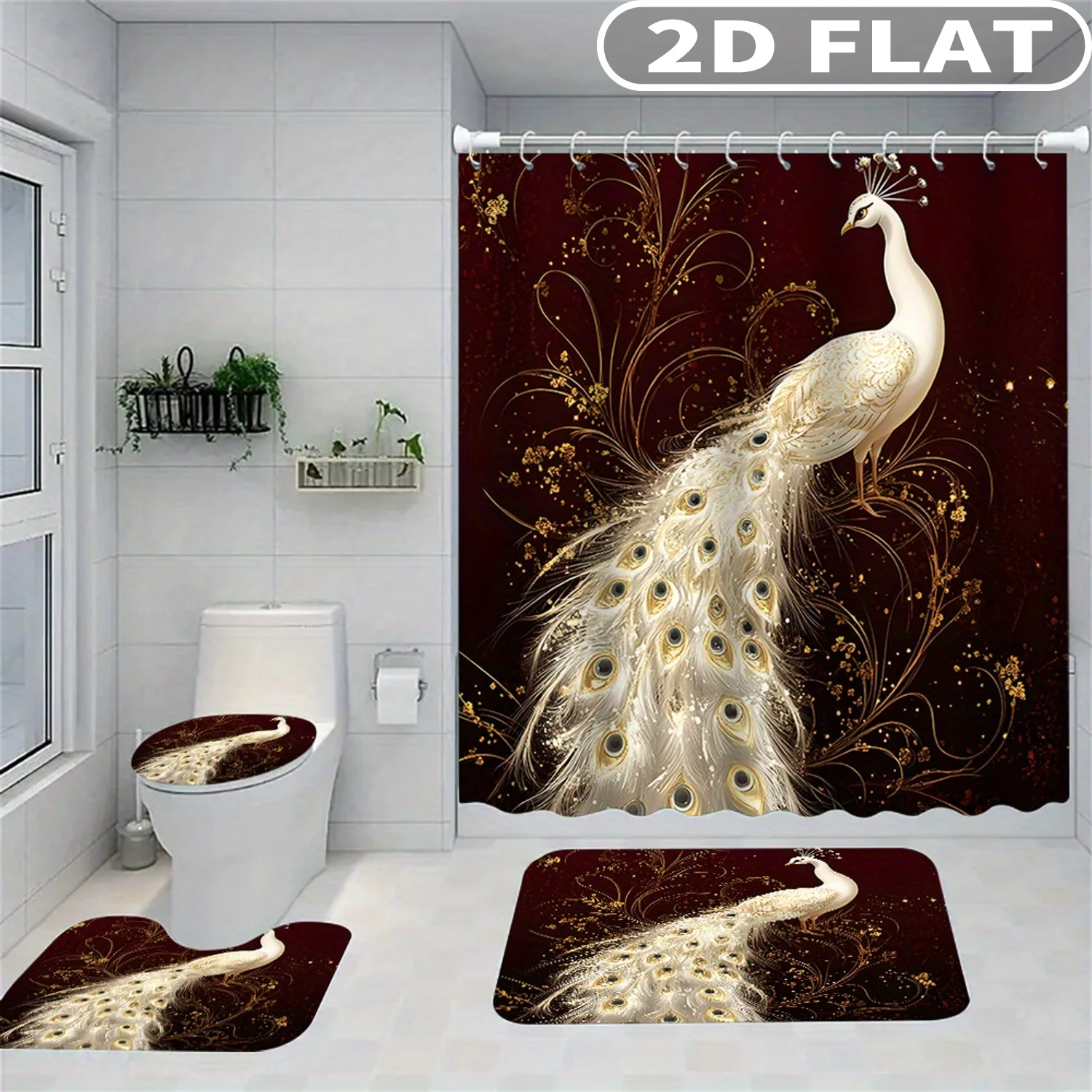

1pc/ 4pcs 2D FLAT Peacock Floral Gold Background Pattern Shower Curtain Set, Accessories with Bath Mat, U-shaped Mat, Toilet Li