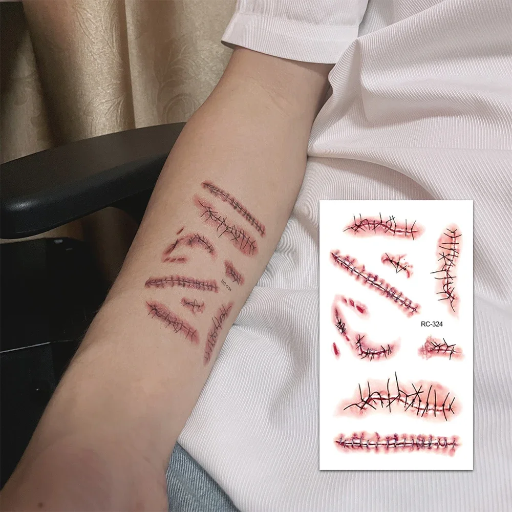 12 وشم مؤقت للبالغين في الهالوين، وشم رعب، وشم مؤقت للجرح الدموي، وتنكر الجسم والوجه، ومكياج مزحة، أ