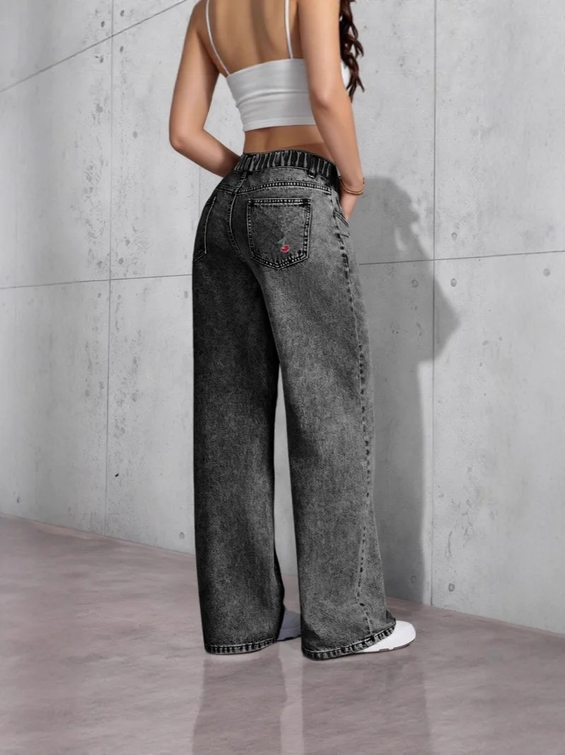 Denim Wide Leg Pants Women Jeans Embroidery High Waist Distressed Washed Mom Pockets Vintage Floor Length Trousers Streetwear
