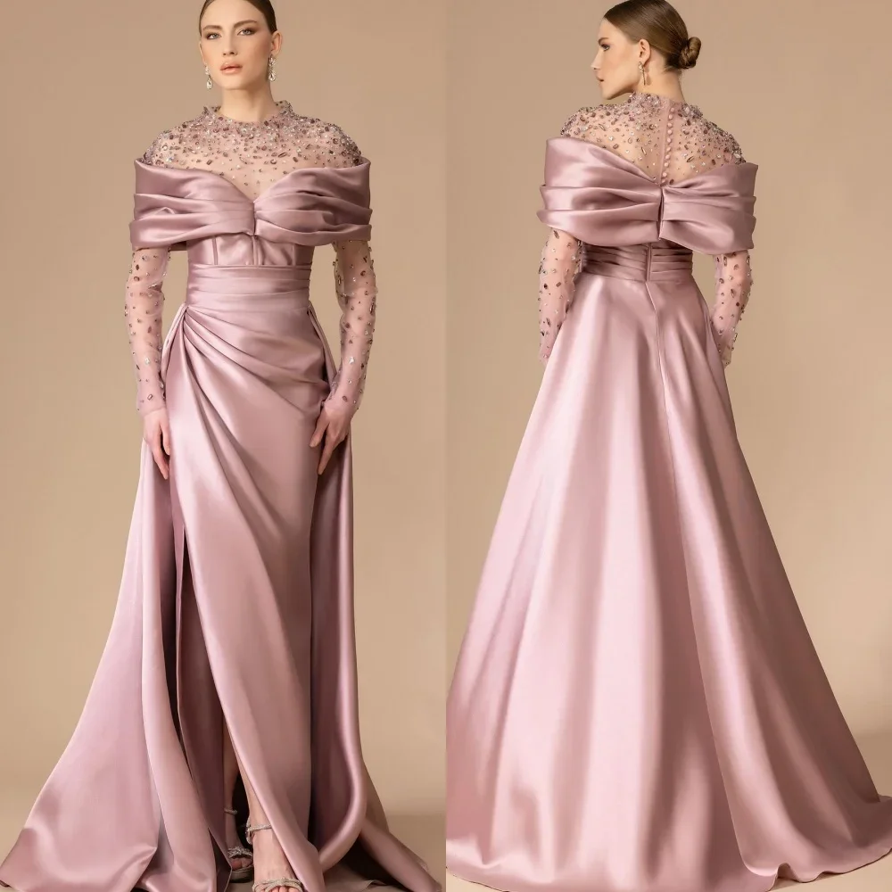 

Customized Modern Style Pleated Dress Transparent Shoulder Straps And Beaded Sparkling Party A-line Party Evening Gown