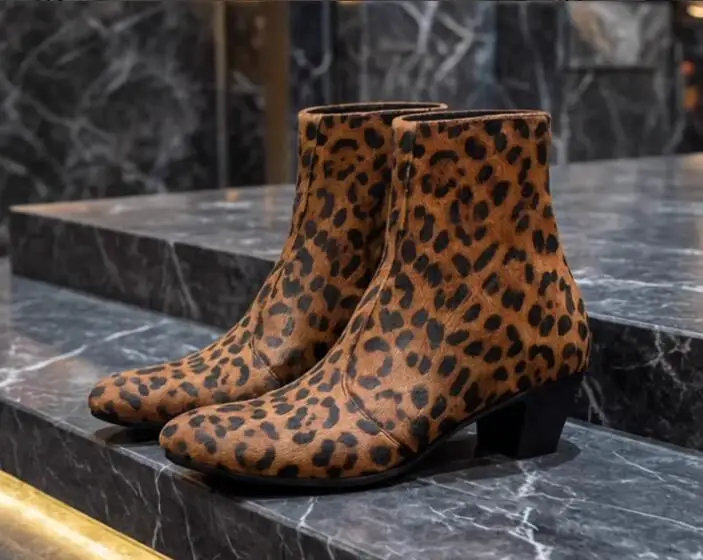 Leopard Horse Fur Pointed Toe 4 CM Med Heels Chelsea Boots British Style Man Zipper Side Height Increasing Ankle Boots Size 46