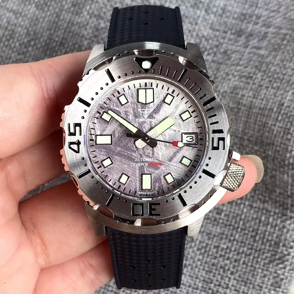Tandorio 20ATM 42mm AR Sapphire Glass NH35A Monster Meteorite Patten Dial Mens Auto Watch 3.8 o'clock Date Luminous Rubber Strap