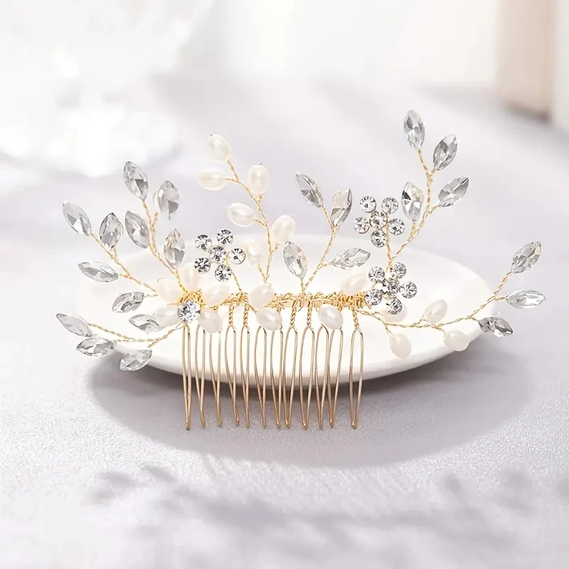 Bridal Hair Comb Wedding Headpiece Golden And Silvery Hair Comb Faux Pearl Hair Comb Rhinestone Crystal Hair Comb Wedding Hair A