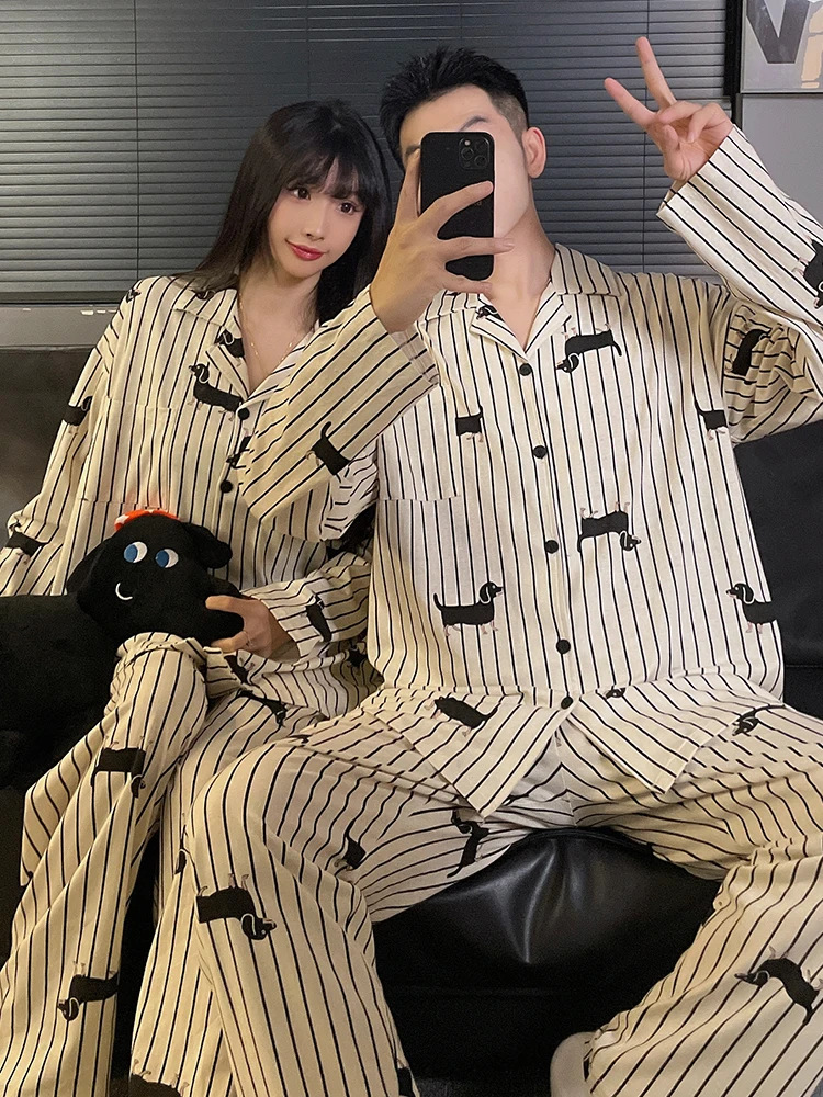

DAIMELU couple pajamas women's spring and autumn cotton long-sleeved sleepwear suit cartoon striped casual men's loungewear set