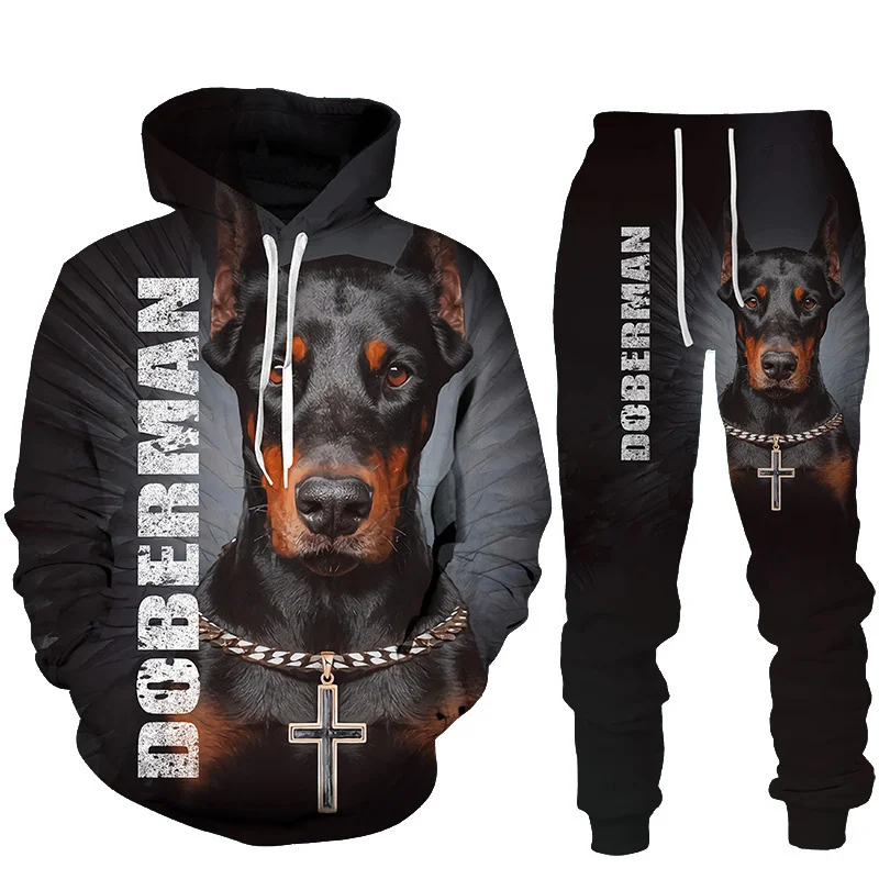 Spring and Autumn 3D Doberman Printed Hoodies Sweatpants Men\'s Hooded Sweatshirt Sets Men\'s Sportswear Tracksuit Men\'s Clothing