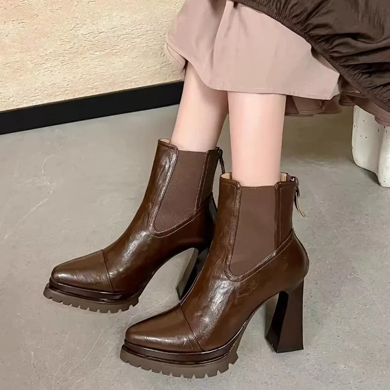 Chelsea Boots - Women's Waterproof Platform Slimming Tube Boots with Thick Heel and Pointed Toe - High Heel Short Boots