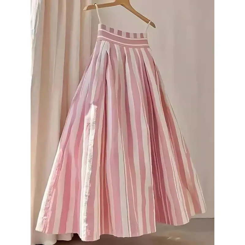 Retro High Waist A-Line Midi Skirt Women's Pink Striped Design Sensation  Fashion Commute Sle Regular Thickness Summer...