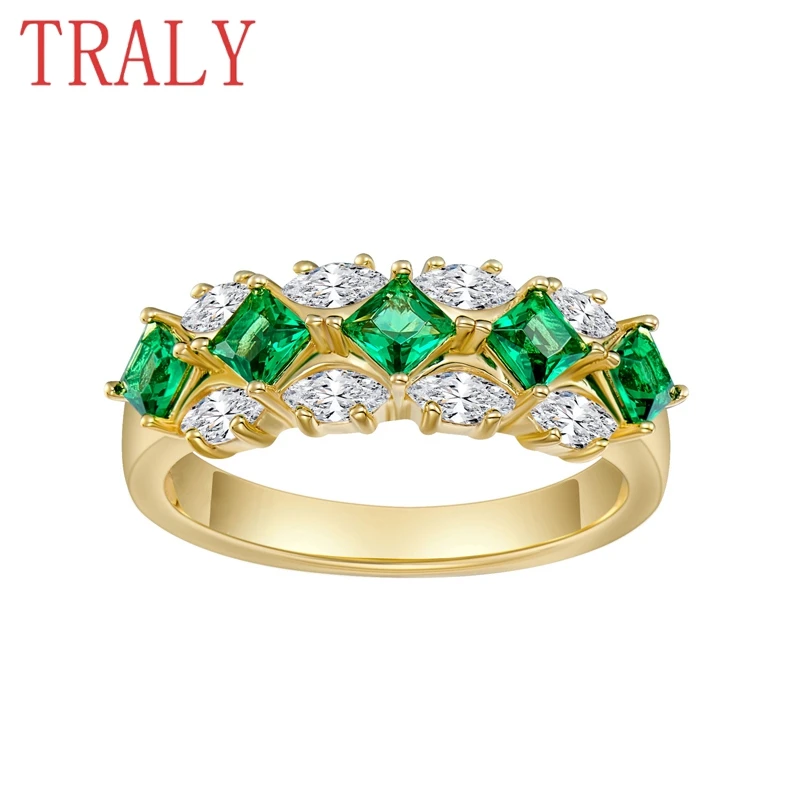 

S925 Silver Yellow Gold Color Ring for Women Emerald Coloured Gemstone Row Rings Wedding Bands Luxury jewelry Party Gifts