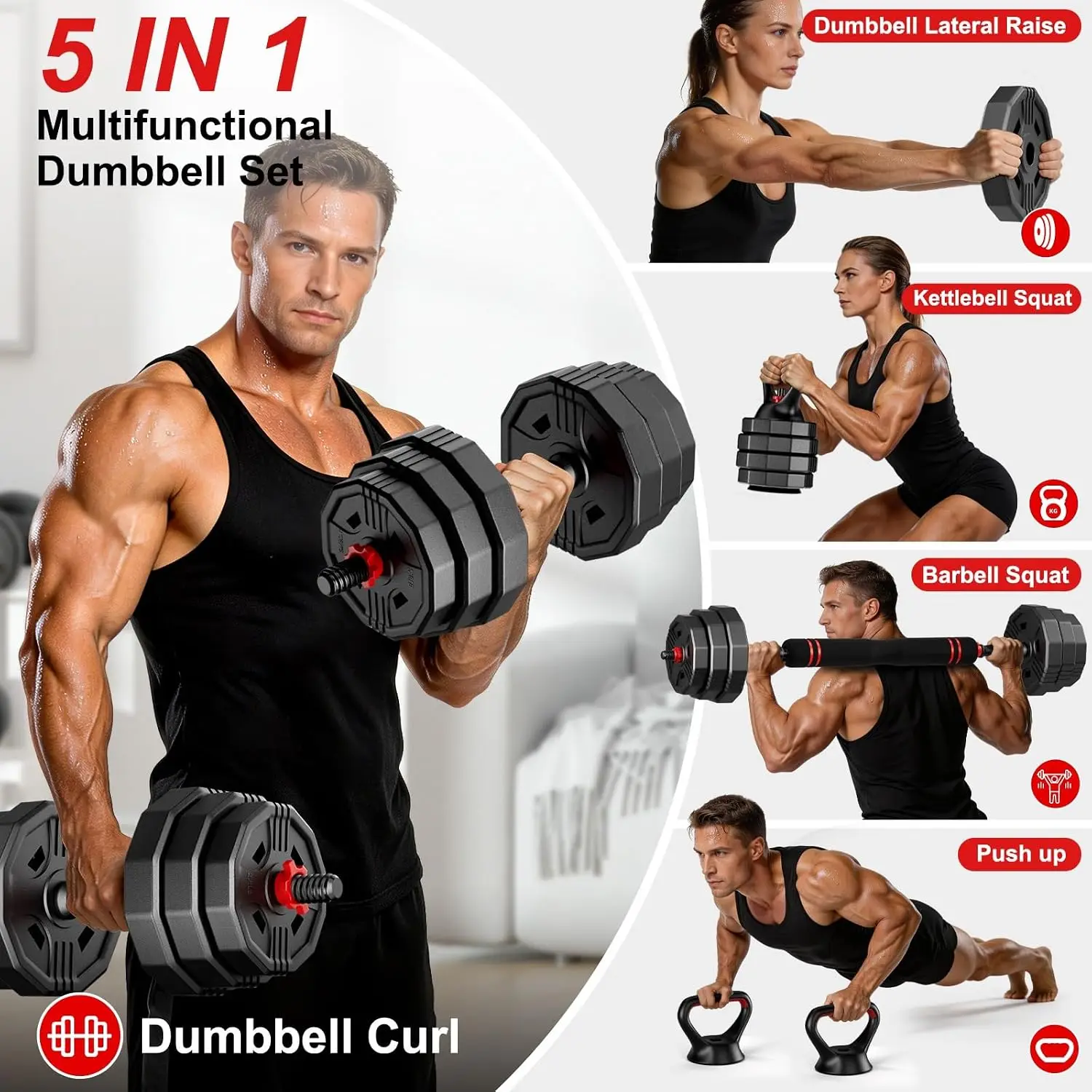 5-in-1 Adjustable Dumbbell Set, Free Weights Dumbbells Available in 20/30/45/70/90 lb Sizes