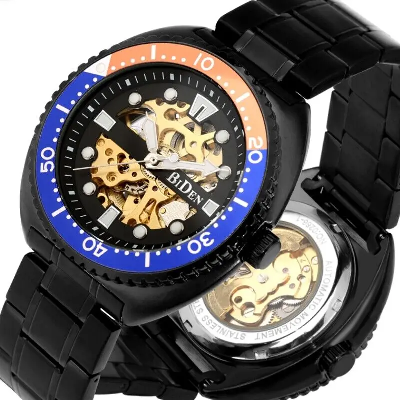 Luxury BIDEN Brand New Arrival Men\'s Steampunk Skeleton Auto Mechanical Wristwtach Full Steel Bracelet Watch Nice Xmas Gift