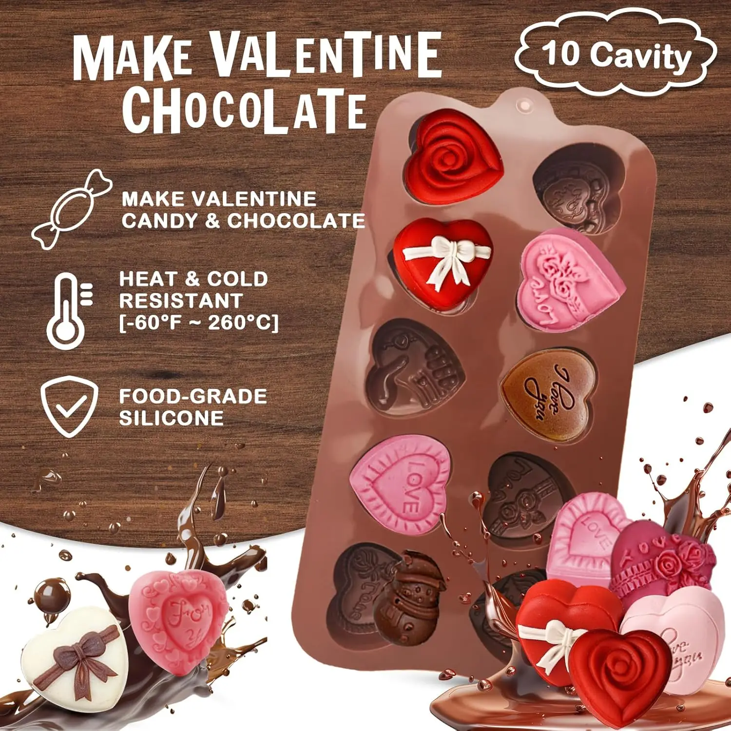 Heart Chocolate Molds 10-Design Love Rose Silicone Molds Non-Stick Baking Molds for DIY Chocolate, Candy, Gummy, Ice Cubes 3