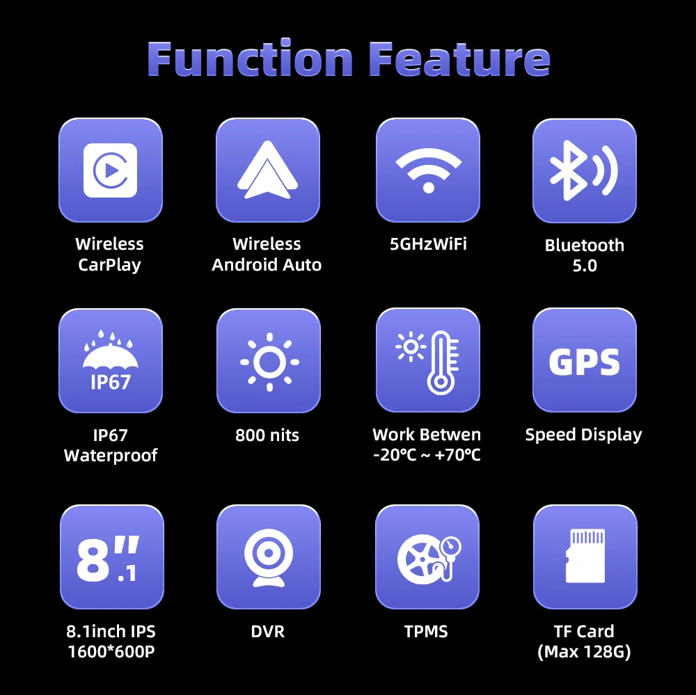 EKIY 8.1 Inch IP67 Motorcycle Waterproof Linux Carplay Display Screen Android Auto GPS WiFi MOTO Navigation with DVR/TPMS