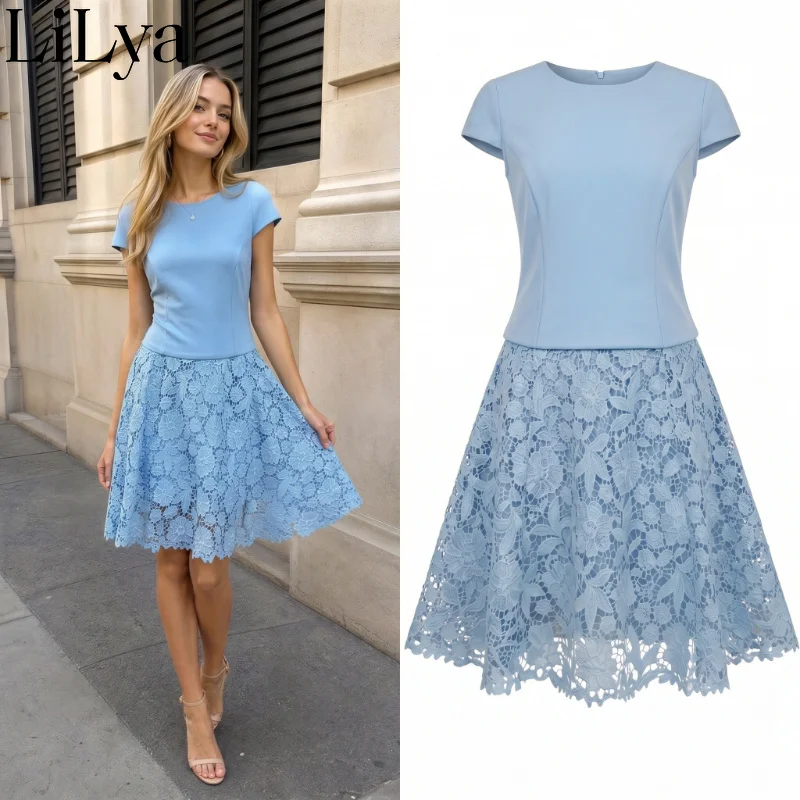 

Elegant Korean Style High Waist Short Sleeve Lace Patchwork Dress Women Stitching Design Dress Chic Daily Party Commute Dress