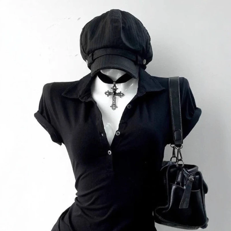 الخريف مزاجه أنيقة موضة الاتجاه تصميم الشعور قميص بولو بأكمام قصيرة المرأة تي شيرت سليم صالح قمة الموضة Y2K ايمو