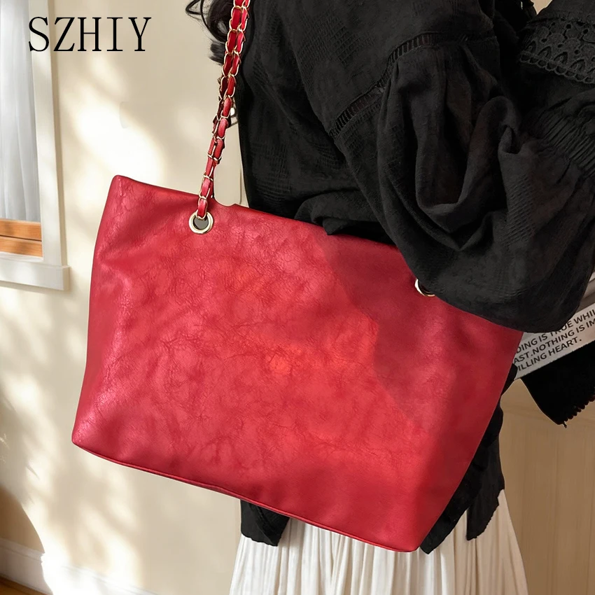 

Элегантная дизайнерская сумка-тоут для женщин, простая и классическая, красная, с цепочкой, через плечо, для девушек, среднего размера, для документов, для поездок на работу.