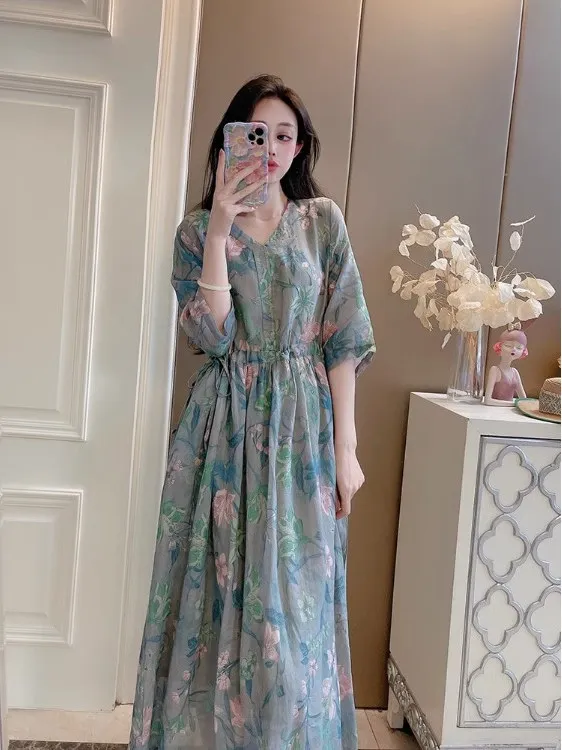 Rétro lin Dr femmes V-ne taille cintrée coton lin longue été Zen pur thé vêtements imprimé artistique Robe taille moyenne A-...