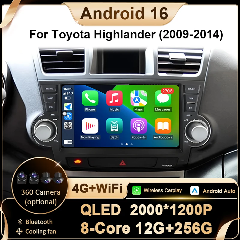 Android 16 Carplay For Toyota Highlander 2009-2014 Car Radio Stereo Multimidia Player GPS Navigation DSP BT Stereo QLED Screen