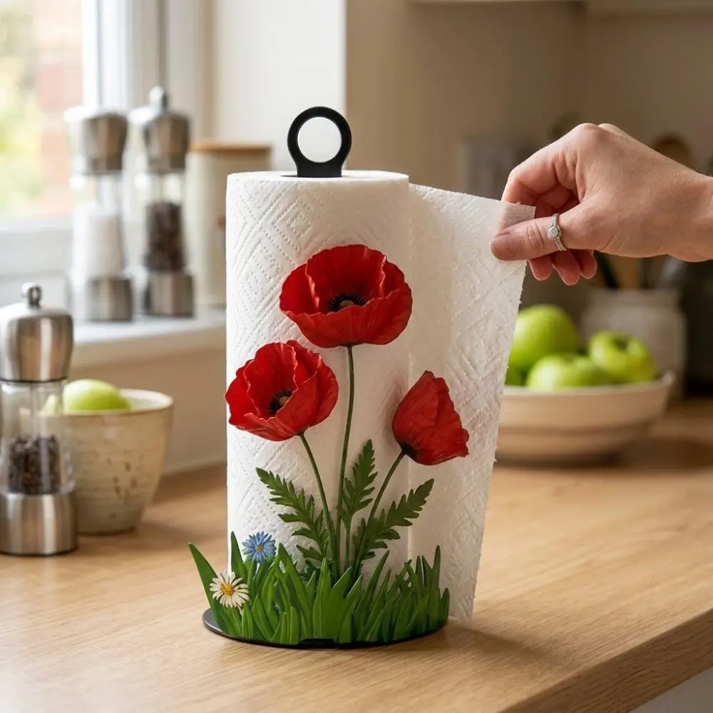 2D Flat Floral Paper Towel Holder Animal Flower Pattern Freestanding Vertical Roll Paper Holder Cook Character Wooden Base