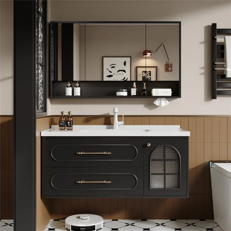 Armário de banheiro multicamadas estilo francês, combinação de armário de banheiro com bacia integrada de cerâmica