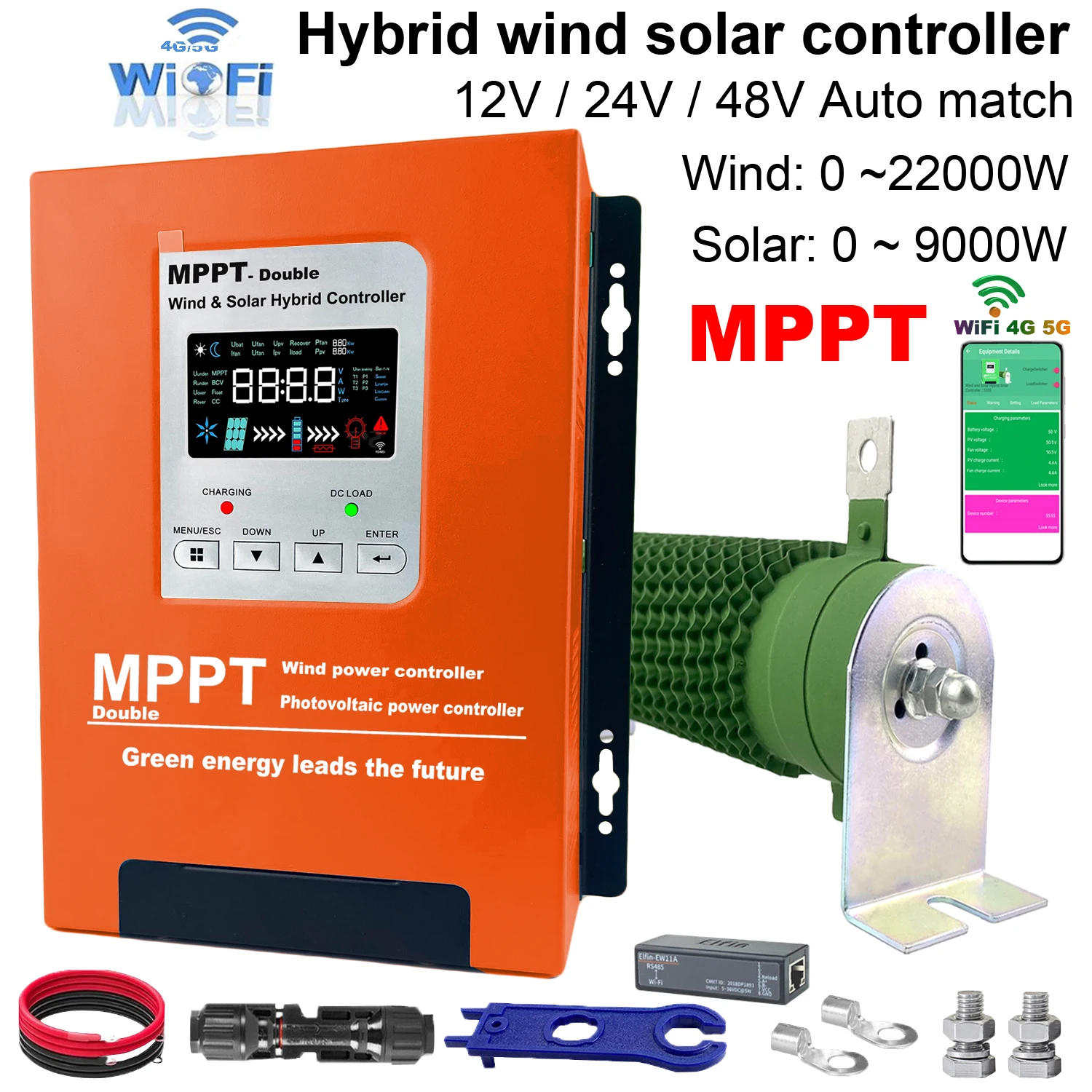 12V 24V 48V 5000W Wifi Wind Solar Hybrid Charge Controller, MPPT Charge for Solar Panel Wind Turbine, Lithium Lead Acid Battery