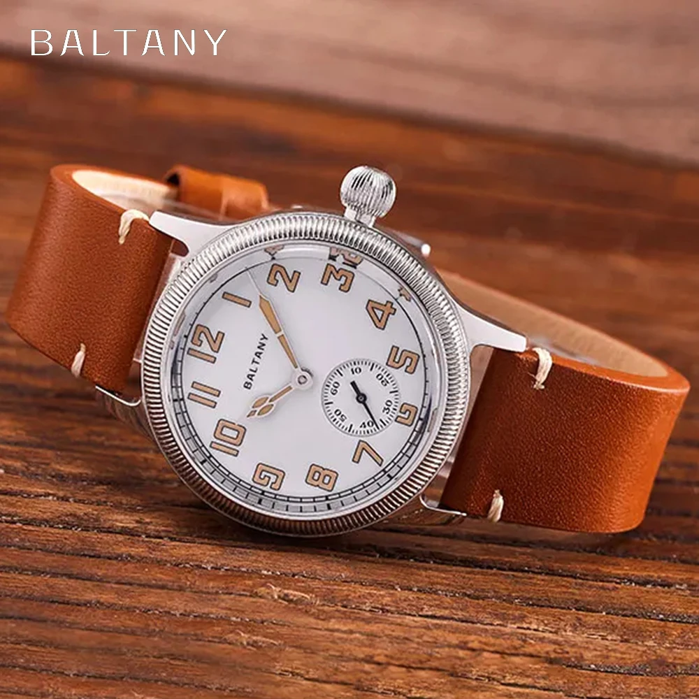 Baltany WW1 Military Trench Watch S2051 Sapphire Leather Strap White Enamel Dial Retro ST1701 Homage Automatic Field Watches Men