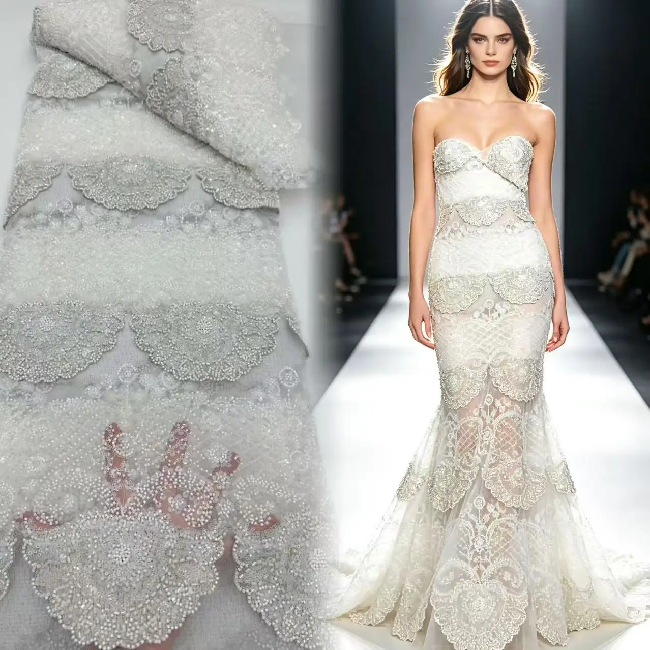 

Wholesale Fashion French Embroidery Beaded Tulle Lace Fabric High Quality African Nigerian Sequin Lace Fabric for Wedding Dress