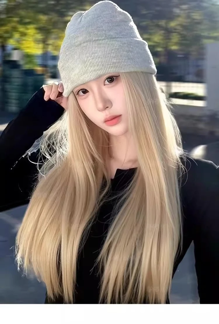 

Hat Wig Integrated Women's Atmosphere Long Straight Hair Knitted Hat Natural Daily Wig Headgear