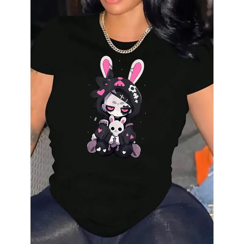 تي شيرت نسائي كاجوال بأكمام قصيرة مع طباعة أرنب وجمجمة رائعة ورقبة دائرية ناعمة، تي شيرت قطني مريح على مدار السنة #2