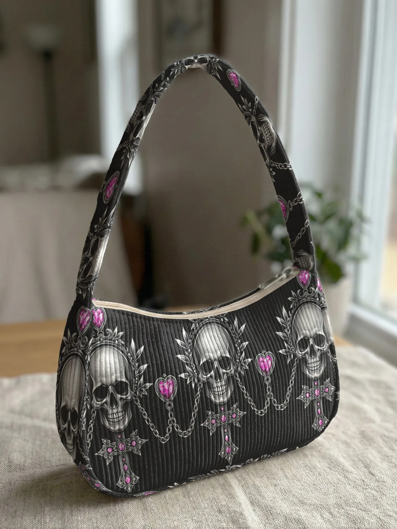 Trendige Gothic-Schultertasche mit Totenkopf-Print, Cord-Unterarmtasche für den täglichen Freizeitgebrauch