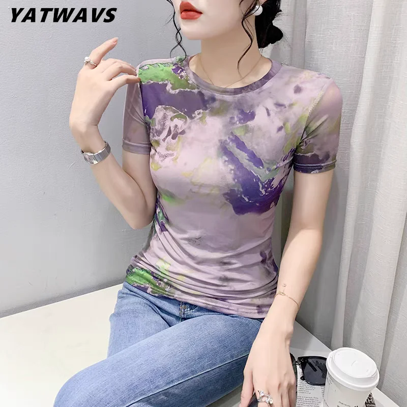 Sommer Druck Mesh Tees frauen Kurzarm V-ausschnitt T-shirt Mädchen Hohe Stretchy Floral T-Shirts Tops Für Weibliche Bluse
