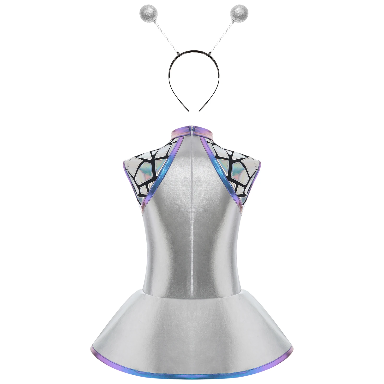 أزياء رائد فضاء فضية لامعة معدنية لامعة للفتيات، فستان فاخر كوني لامع، طوق شعر لامع لملابس حفلات الهالوين