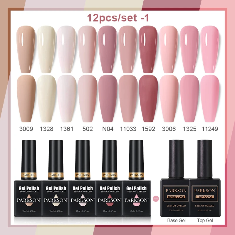 Parkson Nude Series Gel-Nagellack-Set, 12-teilig, Soak Off Base Top Coat, ungiftig, semi-permanent, langlebig, Nail Art Maniküre-Set