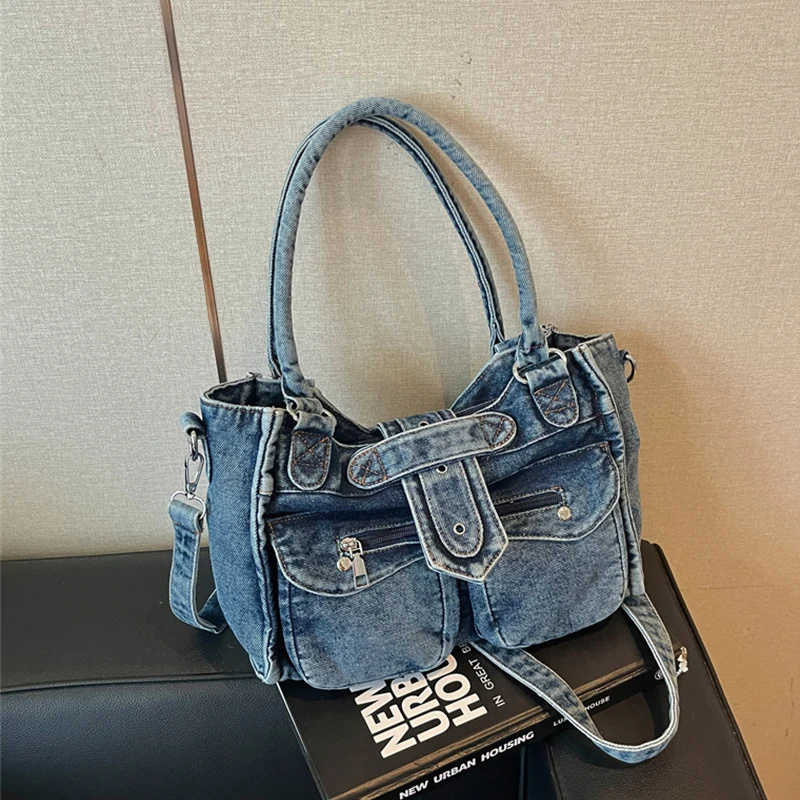 Large Capacity Tote Bag For Women Designer Denim Shoulder Bag Casual Travel Crossbody Messenger Bag Portabel Commuter Handbags