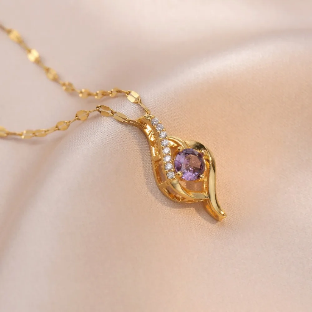 Stainless Steel Temperament Retro Purple Crystal Pendant Necklace for Women Charm Zircon Collar Korea Jewelry Colorfast Gift