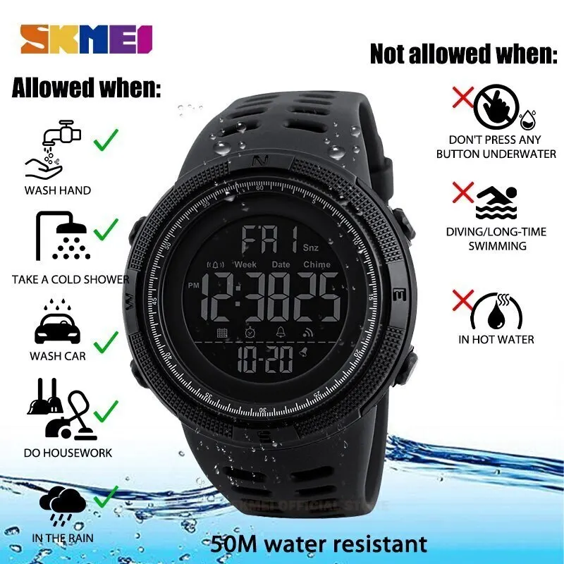 SKMEI black fashion outdoor sports watch men multifunction watches alarm clock Chrono 5Bar waterproof digital watch 1251