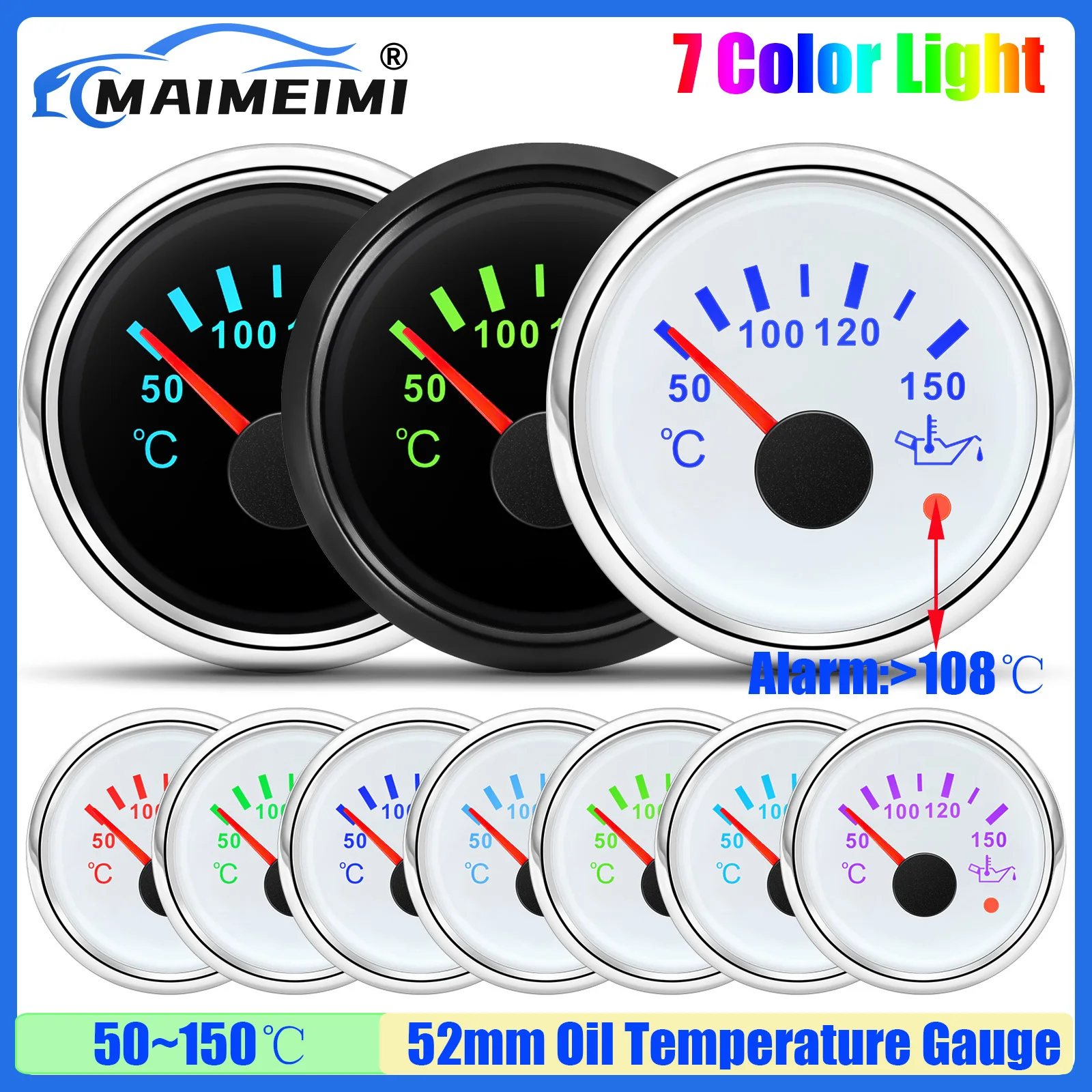 

Universal Car 2"52mm Oil Temperature Gauge with Alarm 7 Color Light 50-150℃ Oil Temp Meter Indicator Waterproof for Boat Yacht