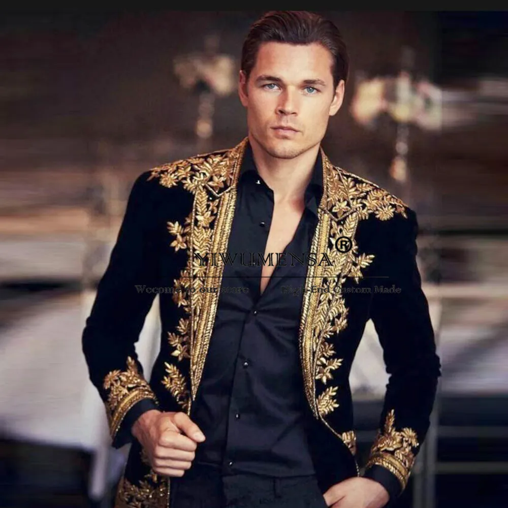 

Luxury Groom Wedding Suits Gold Embroidered Prom Blazer/Jacket Groomsmen Tuxedos Formal Party Men's Business Clothing Tailored