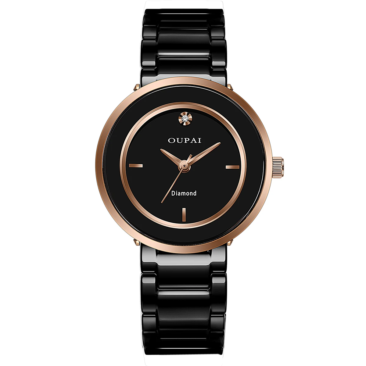 Oupai элегантные черные часы с керамическим ремешком круглой формы, женские кварцевые часы, устойчивые к царапинам, модные простые женские часы с бриллиантами
