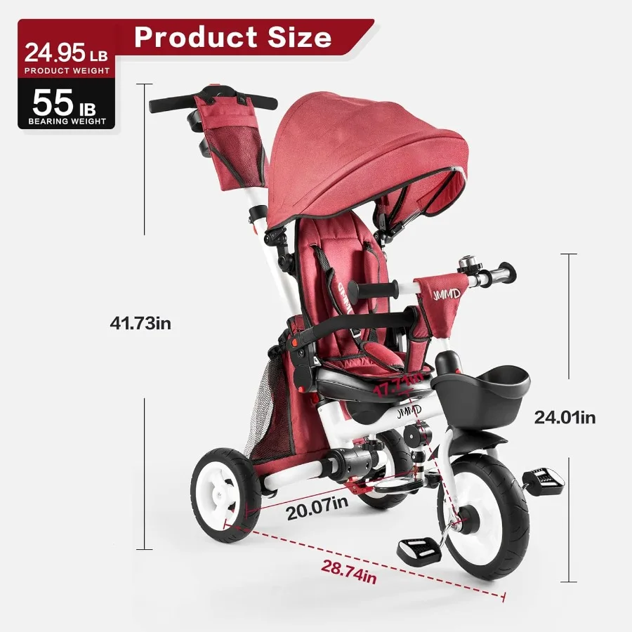 8 in 1 Tricycle Stroller with Push Handle, Foldable Trike with 360° Swivel Seat, Reclining Backrest, All-Terrain Wheels, Dual Br