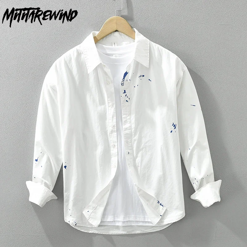 

Japan Style Long Sleeve White Shirt Men Spring Summer Daily Casual Shirts Lapel 100% Cotton Tops Splash-ink Designer Shirt Male