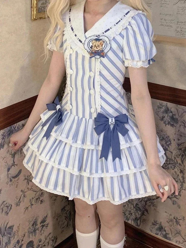 

Summer Sweet Lolita Elegant Women Dresses Vintage Blue White Stripe Y2k Cute Bow Dress Puff Sleeve Kawaii Korean Popular Clothes