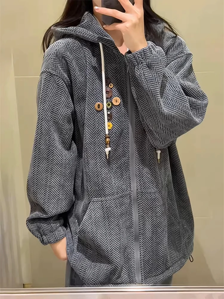 

American Retro Hooded Open Cardigan Sweatshirt Men's Autumn Winter Thickened Fleece Button Design Coat Casual Loose Fit