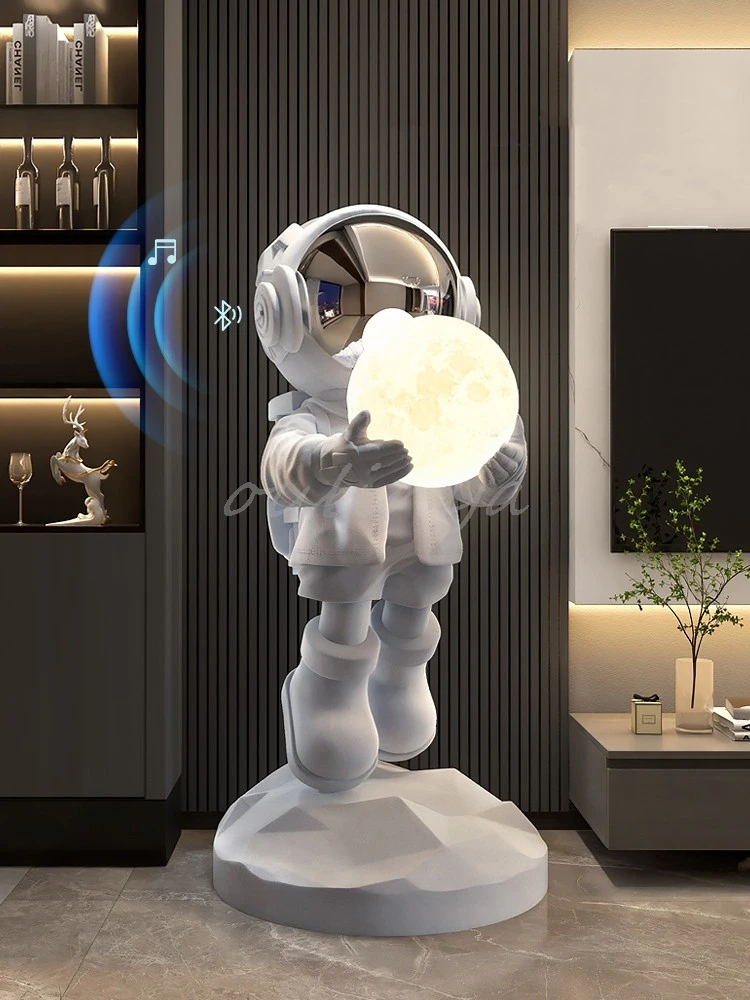 80CM Luminous Flocked Astronaut Statue, Large Floor Sculpture, Living Room Welcome Home Art Ornament Figurine