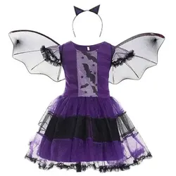 Halloween Festival Party Girls Purple Black Witch Cute Bat Lace Dress for Girl With Wings Headband Accessories Dress Set 1-12T