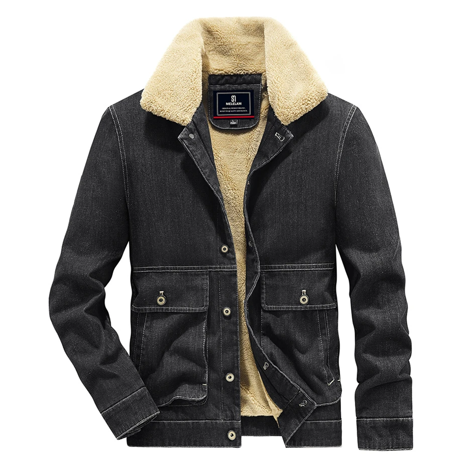 Fleece Denim Jacket Men Autumn Winter Thick Denim Coat Male Fashion Casual Jean Jackets Black